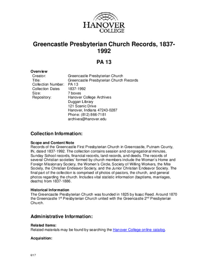 Greencastle First Presbyterian Church Records, 1837-1991 - Finding Aid Miniature