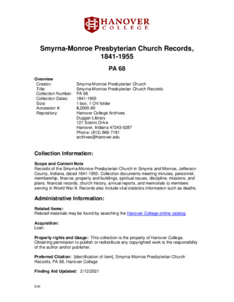 Smyrna Monroe Presbyterian Church Records, 1841-1955 - Finding Aid Miniature
