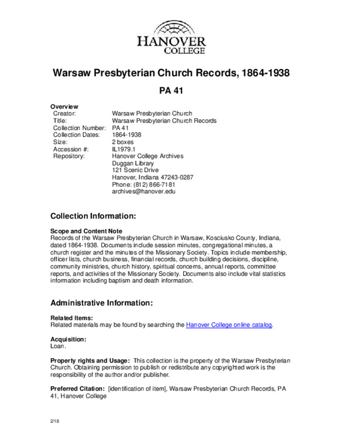 Warsaw Presbyterian Church Records, 1864-1938 - Finding Aid Miniature