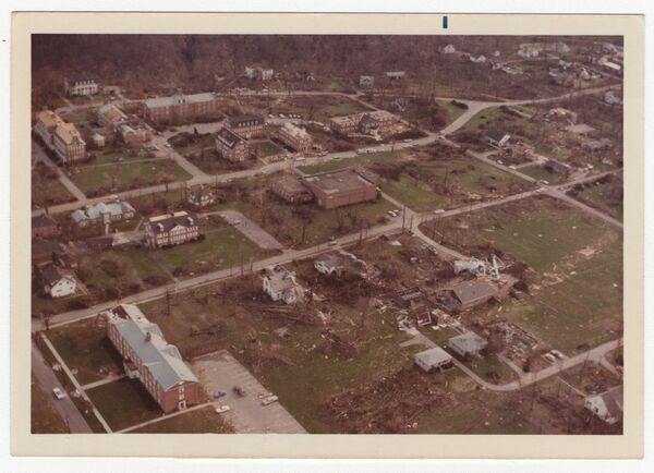 Aerial view of the tornado damage across the Hanover College campus miniatura