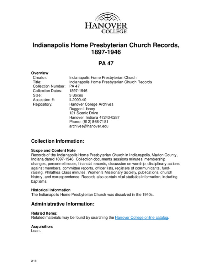 Indianapolis Home Presbyterian Church Records, 1897-1946 - Finding Aid Miniature