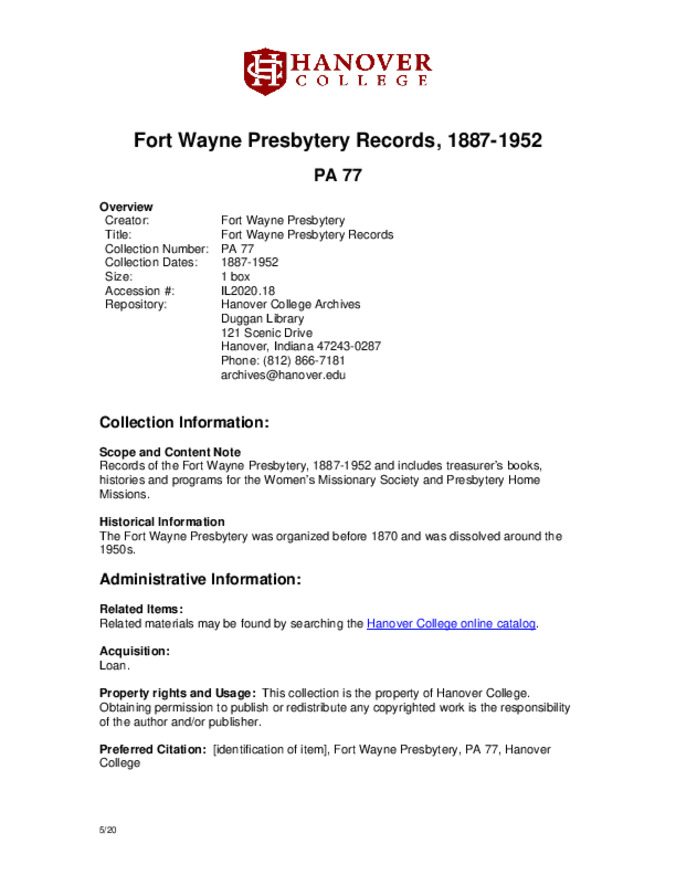 Fort Wayne Presbytery Records, 1887-1952 - Finding Aid 缩略图