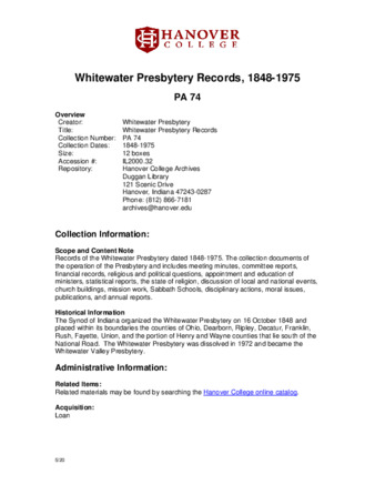 Whitewater Presbytery Records, 1848-1975 - Finding Aid Miniature