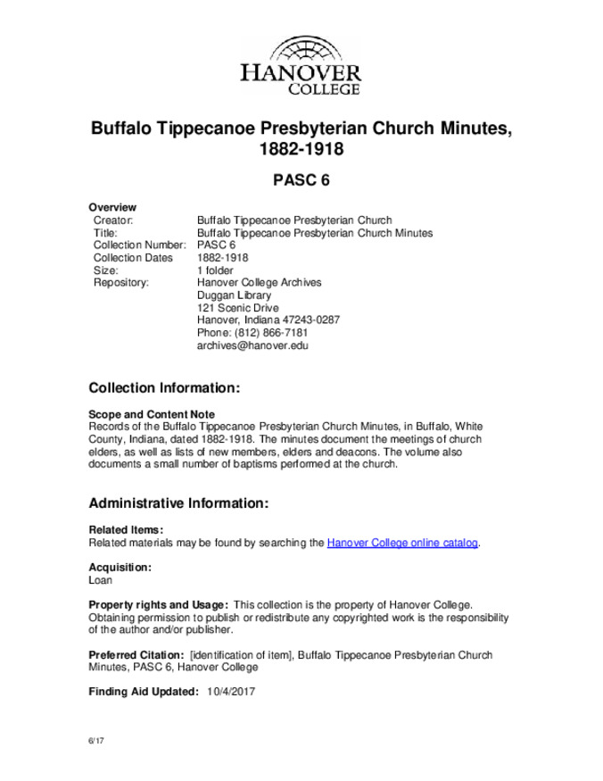 Buffalo Tippecanoe Presbyterian Church Minutes, 1882-1918 - Finding Aid Thumbnail