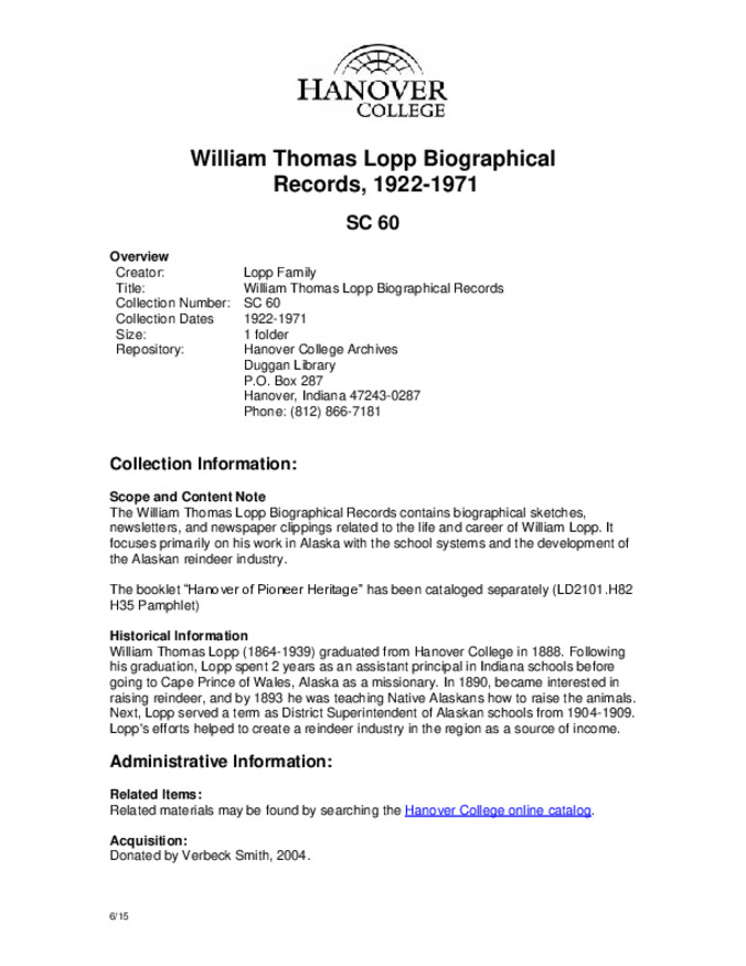 William Thomas Lopp Biographical Records, 1922-1971 - Finding Aid miniatura