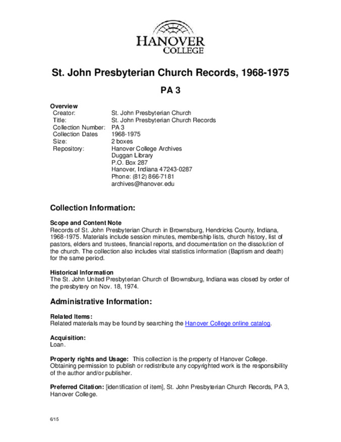 St. John Presbyterian Church Records, 1968-1975 - Finding Aid Miniature