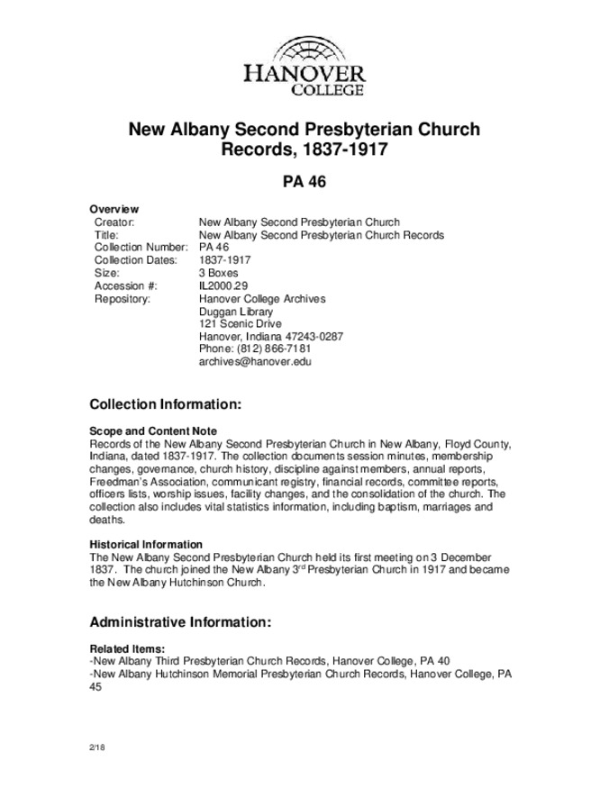 New Albany Second Presbyterian Church Records, 1837-1917 - Finding Aid miniatura