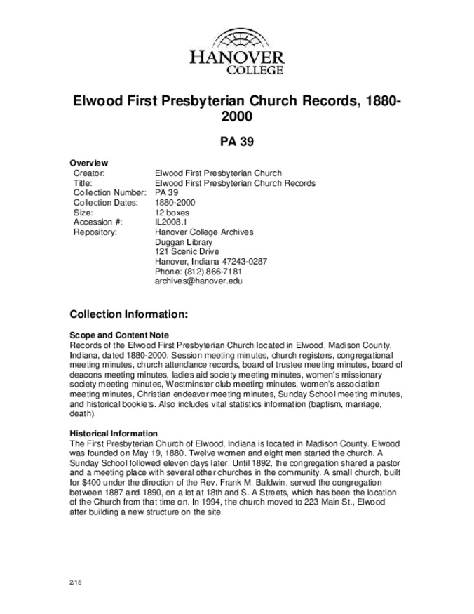 Elwood First Presbyterian Church Records, 1880-2000 - Finding Aid Miniature