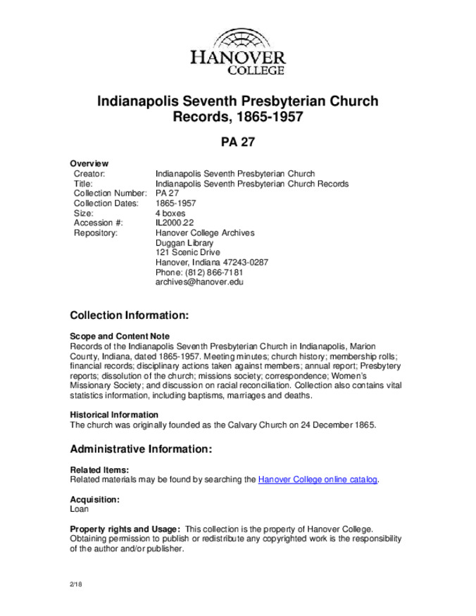 Indianapolis Seventh Presbyterian Church Records, 1865-1957 - Finding Aid Miniature
