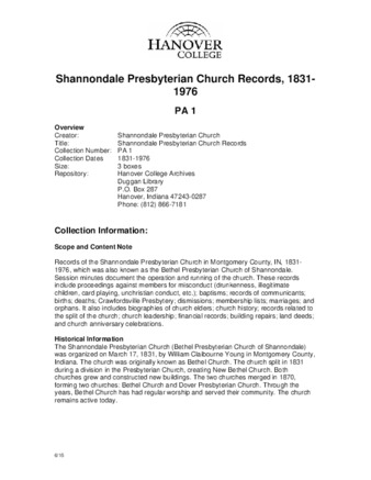 Shannondale Bethel Presbyterian Church Records, 1831-1976 - Finding Aid Miniature