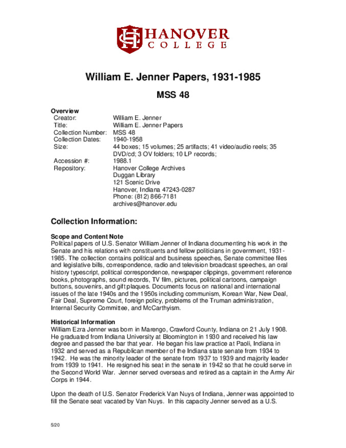William E. Jenner Papers, 1931-1985 - Finding Aid miniatura