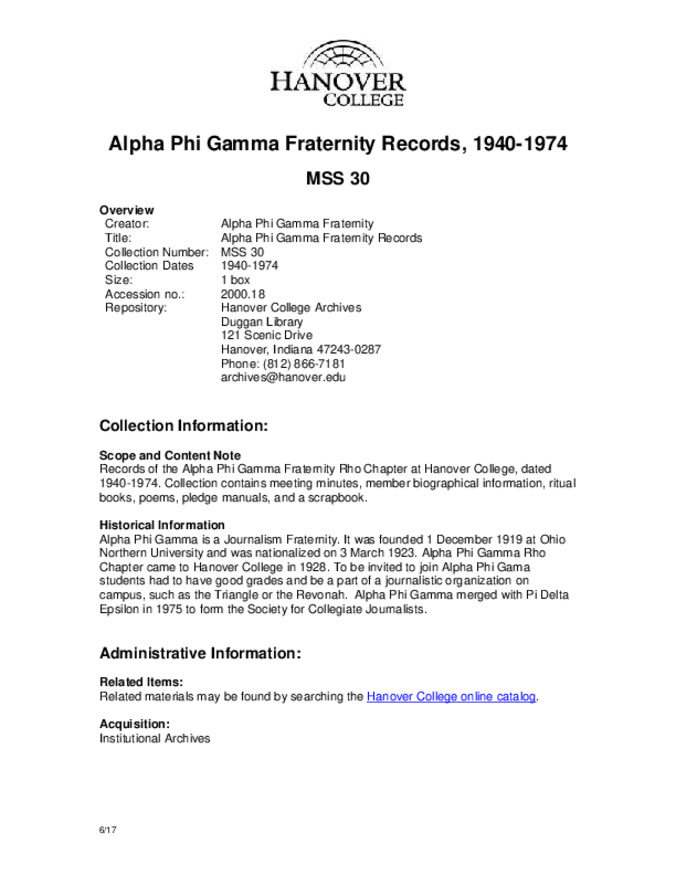 Alpha Phi Gamma Fraternity Records, 1940-1974 - Finding Aid miniatura