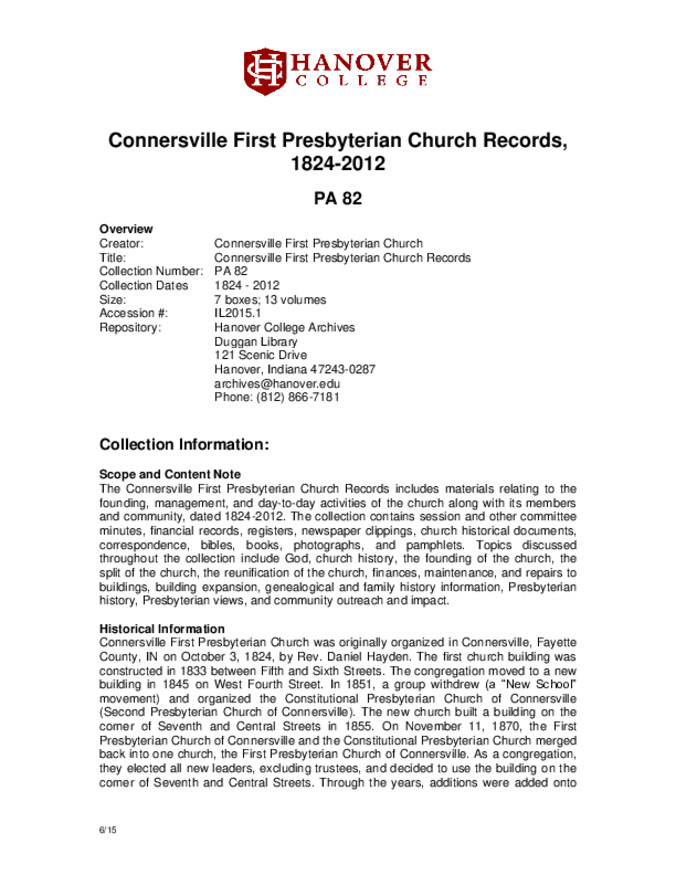 Connersville First Presbyterian Church Records - Finding Aid Miniature