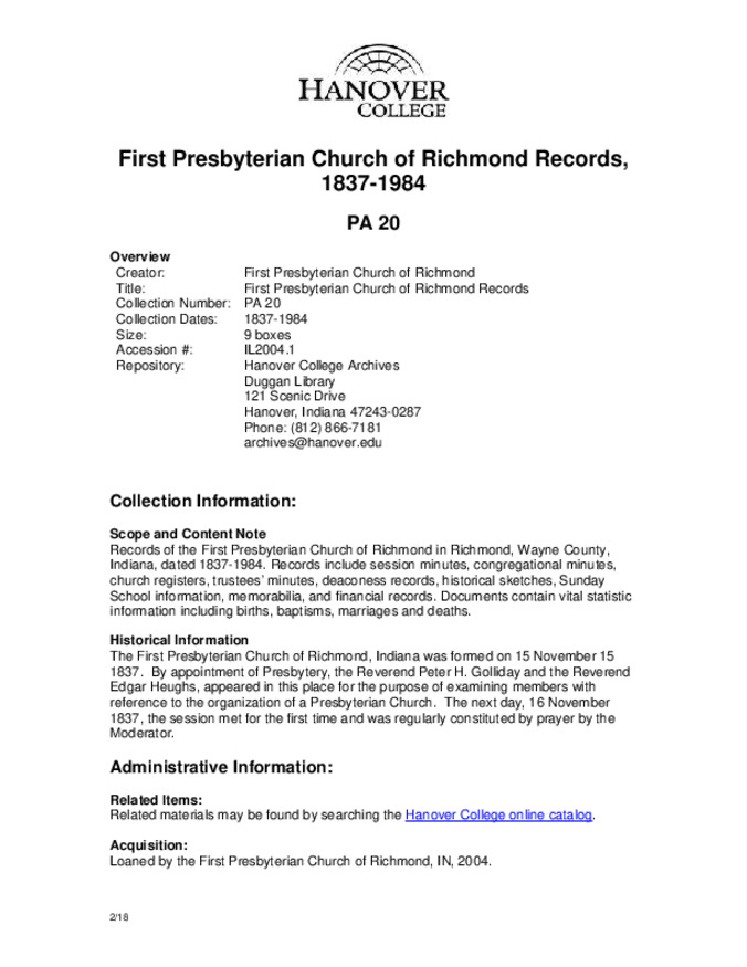 First Presbyterian Church of Richmond Records, 1837-1984 - Finding Aid Miniature
