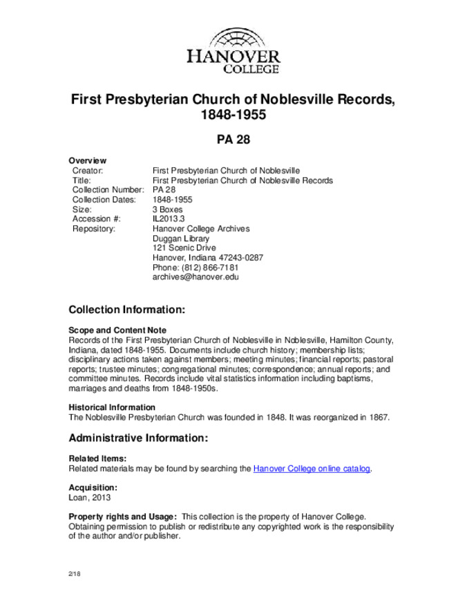 First Presbyterian Church of Noblesville Records, 1848-1955 - Finding Aid Miniature