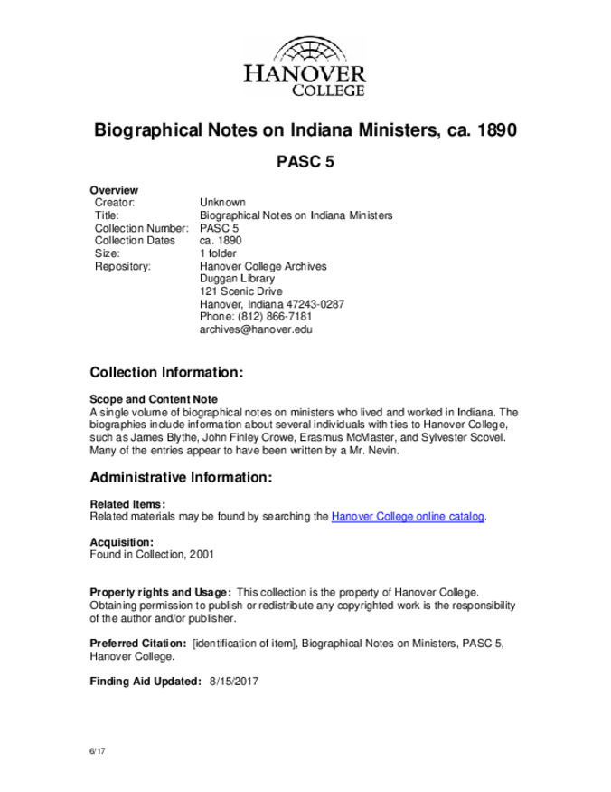Biographical Notes on Indiana Ministers - Finding Aid Miniature