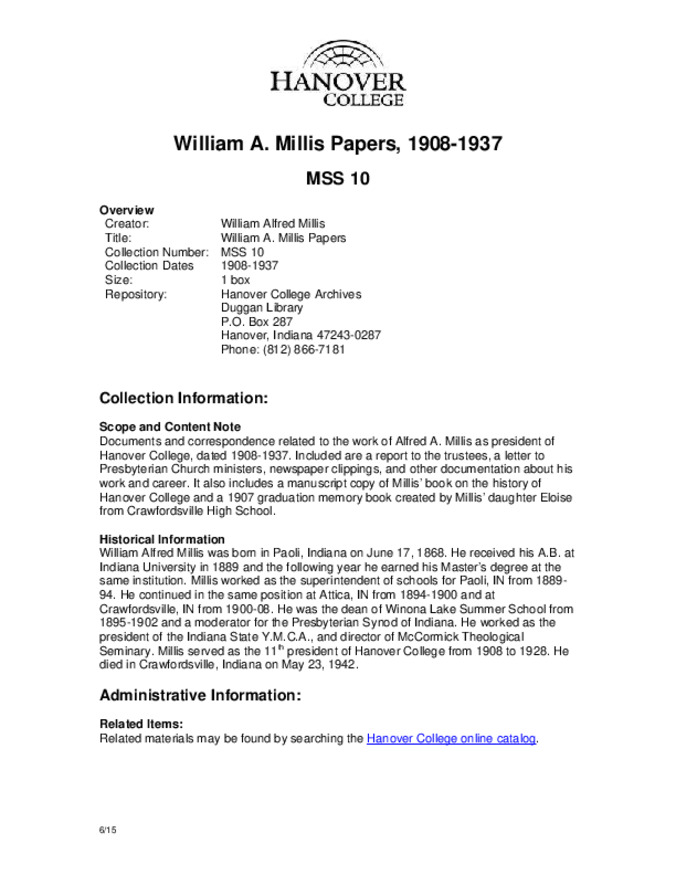 William A. Millis Papers, 1908-1937 - Finding Aid Miniaturansicht