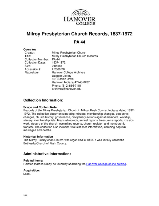 Milroy Presbyterian Church Records, 1837-1972 - Finding Aid miniatura