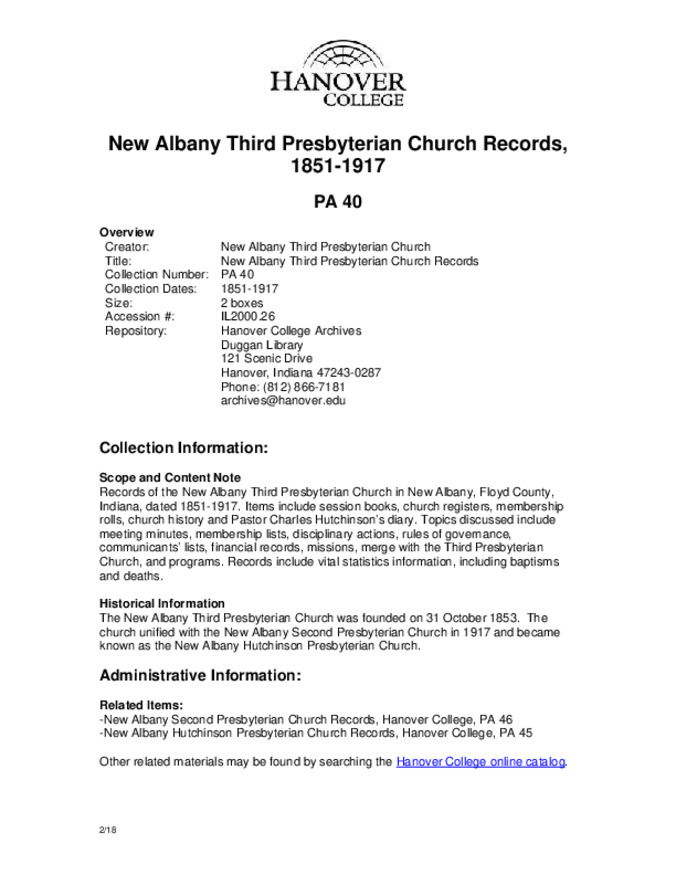 New Albany Third Presbyterian Church Records, 1851-1917 - Finding Aid miniatura