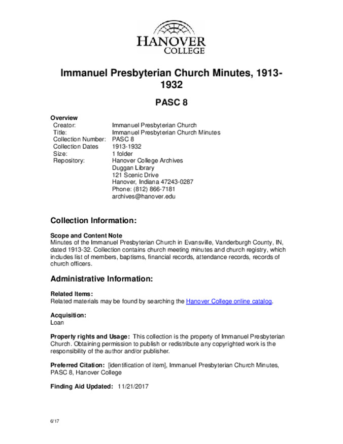 Immanuel Presbyterian Church Minutes, 1913-1932 - Finding Aid Miniature