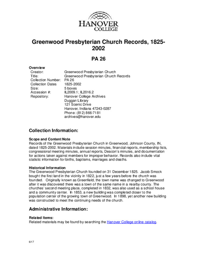Greenwood Presbyterian Church Records, 1825-2002 - Finding Aid Miniature