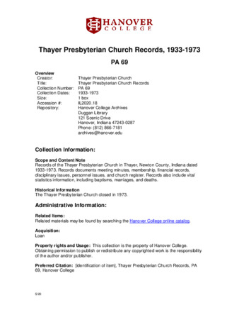Thayer Presbyterian Church Records, 1933-1973 - Finding Aid Miniature