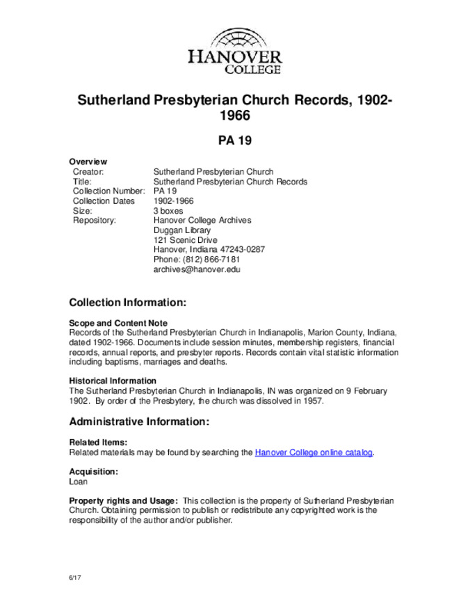 Sutherland Presbyterian Church Records, 1902-1966 - Finding Aid Miniature