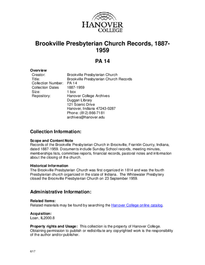 Brookville Presbyterian Church Records, 1887-1959 - Finding Aid 缩略图