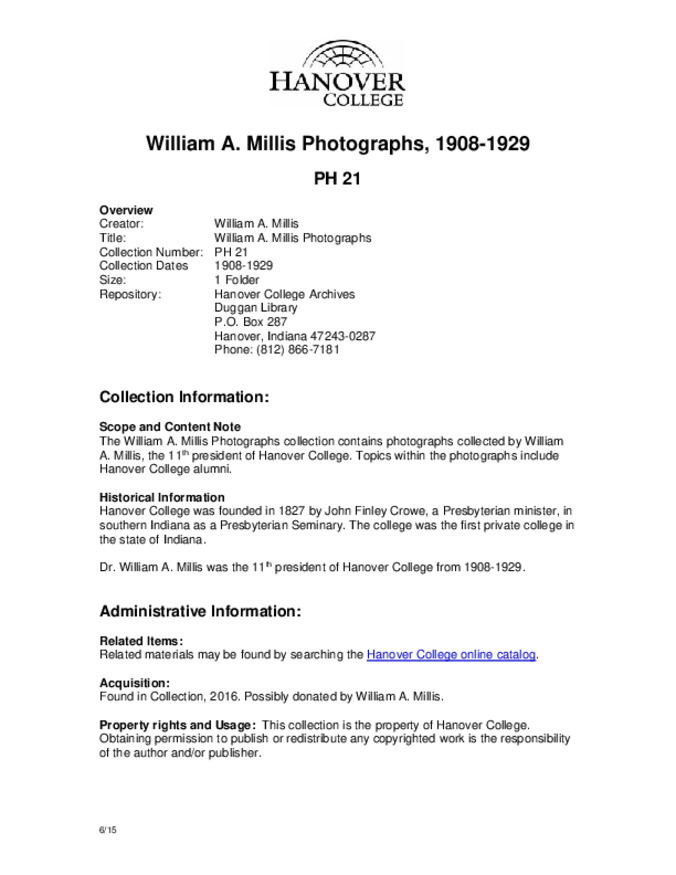 William A. Millis Photographs, 1908-1929 - Finding Aid miniatura