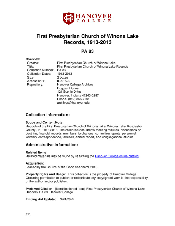 First Presbyterian Church of Winona Lake Records, 1913-2013 - Finding Aid miniatura