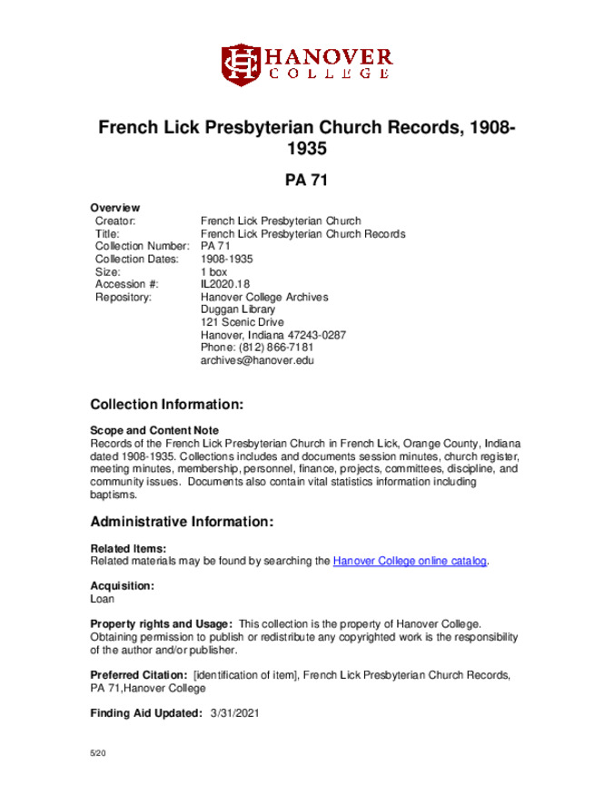 French Lick Presbyterian Church Records, 1908-1935 - Finding Aid Miniature