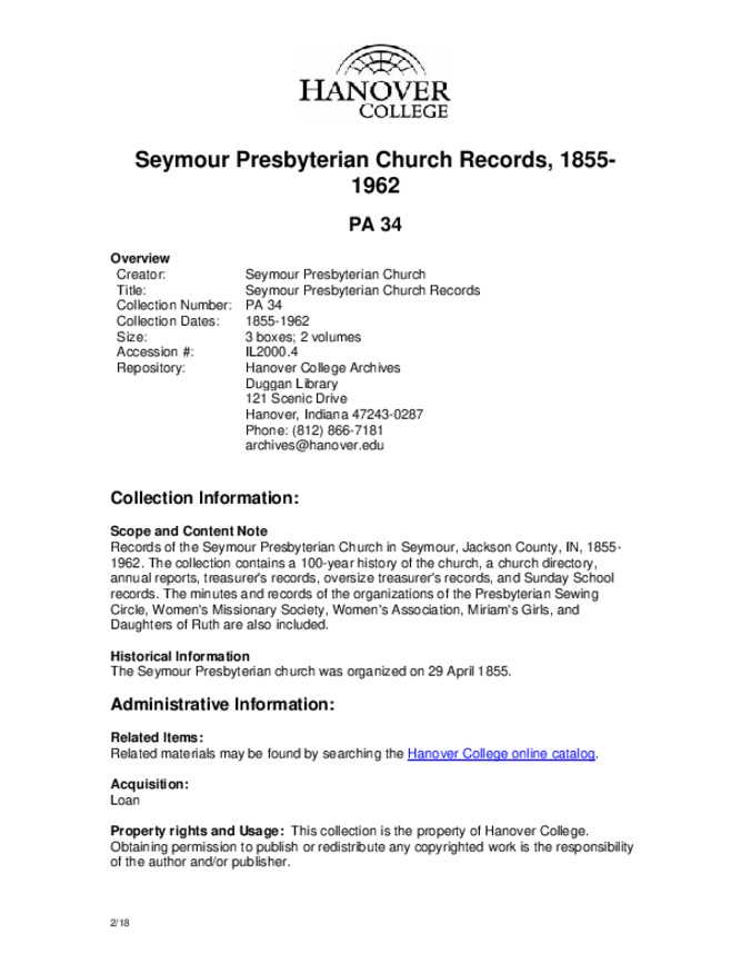 Seymour Presbyterian Church Records, 1855-1962 - Finding Aid 缩略图