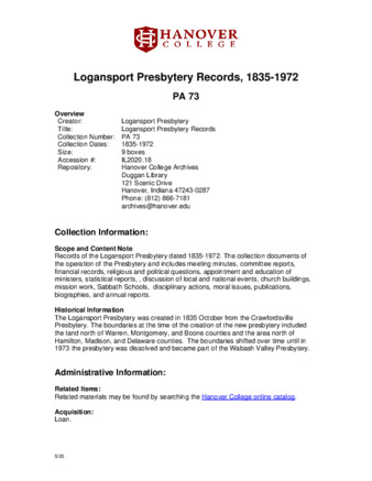 Logansport Presbytery Records, 1835-1972 - Finding Aid 缩略图