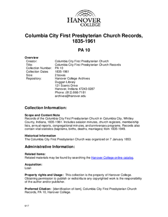 Columbia City First Presbyterian Church Records, 1835-1966 - Finding Aid Miniature