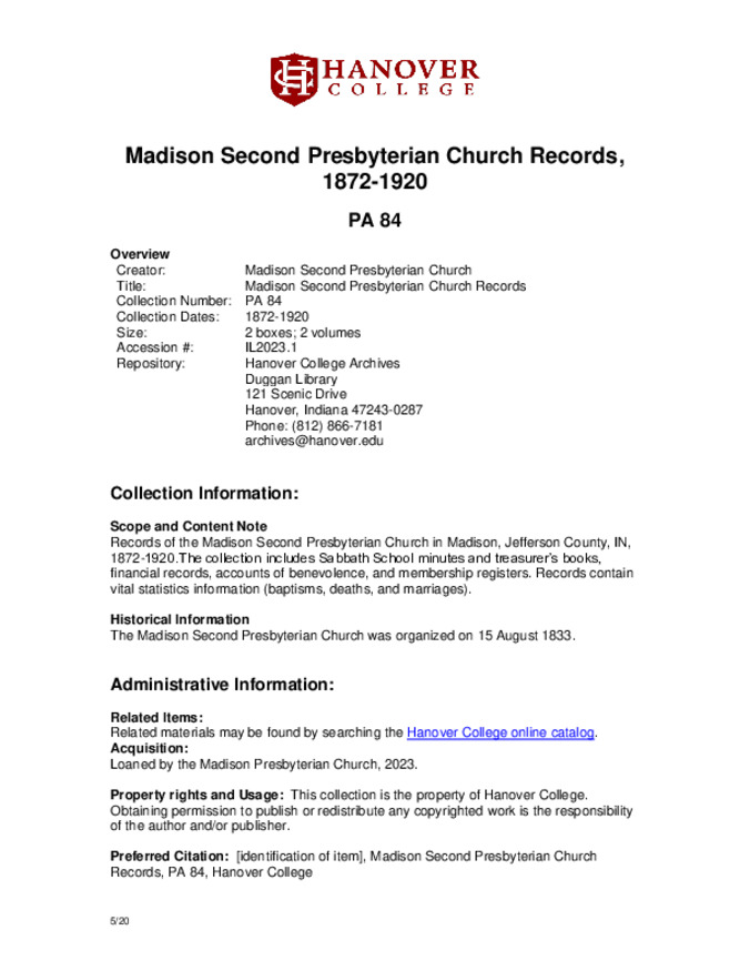 Madison Second Presbyterian Church Records, 1872-1920 miniatura