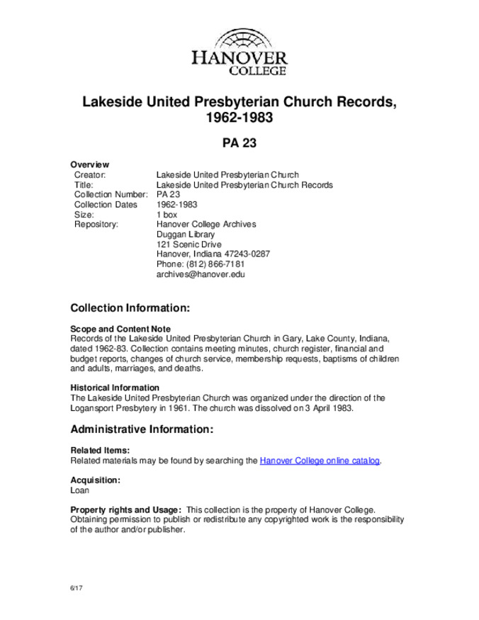 Lakeside Presbyterian Church Records, 1962-1983 - Finding Aid Miniature