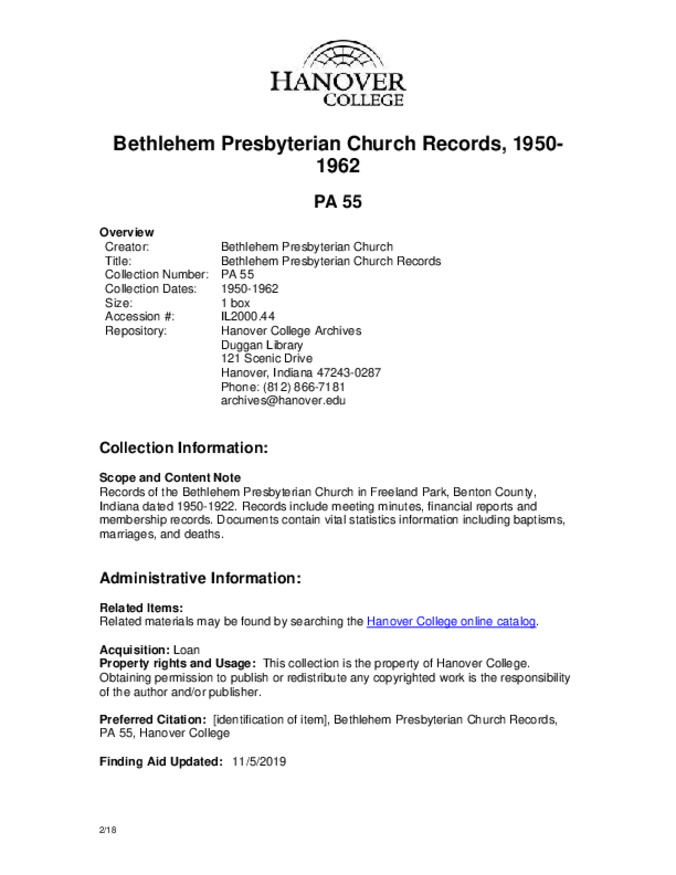 Bethlehem Presbyterian Church Records, 1950-1962 - Finding Aid Miniature