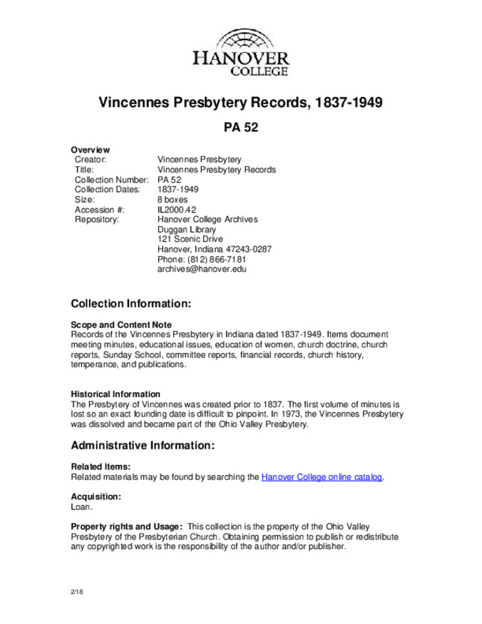 Vincennes Presbytery Records, 1837-1949 - Finding Aid 缩略图