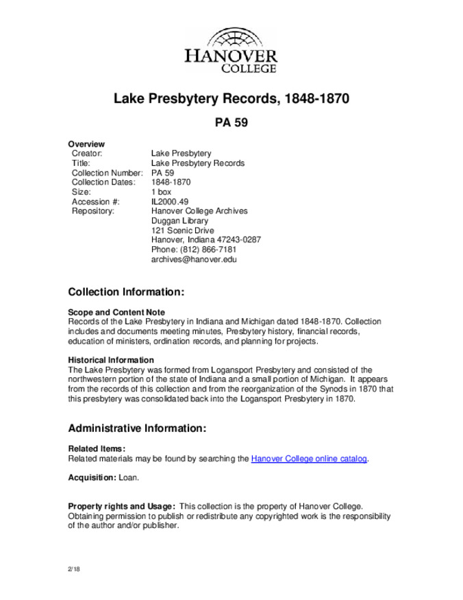 Lake Presbytery Records - Finding Aid miniatura