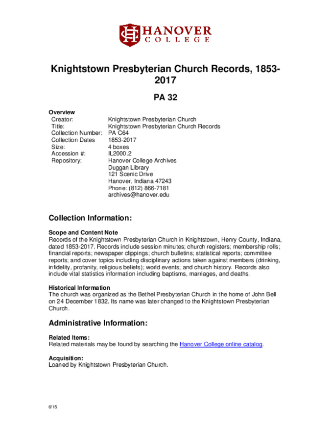 Knightstown Presbyterian Church records, 1853-2017 - Finding Aid Miniature