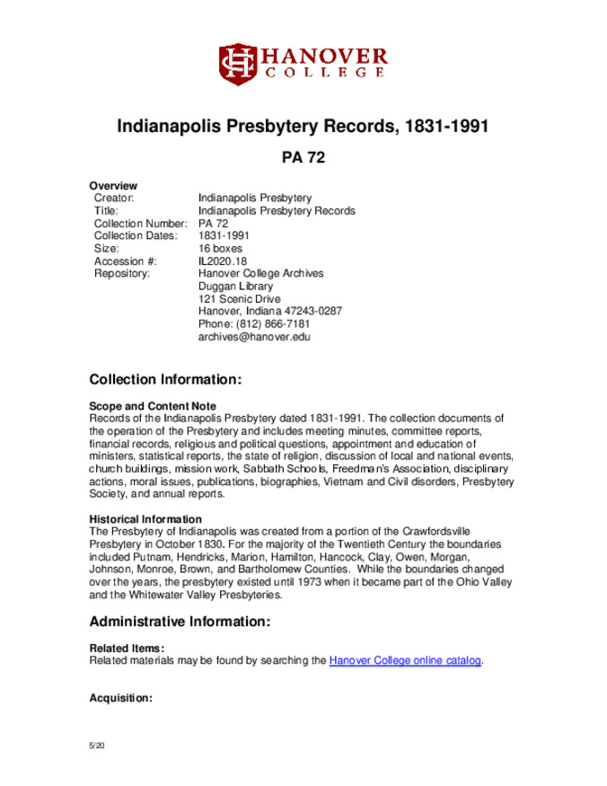 Indianapolis Presbytery Records, 1831-1991 - Finding Aid Miniature