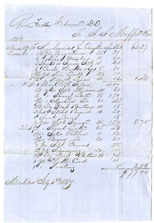 Bill for John Finley Crowe from Moffetts Store, July 1856 Miniature