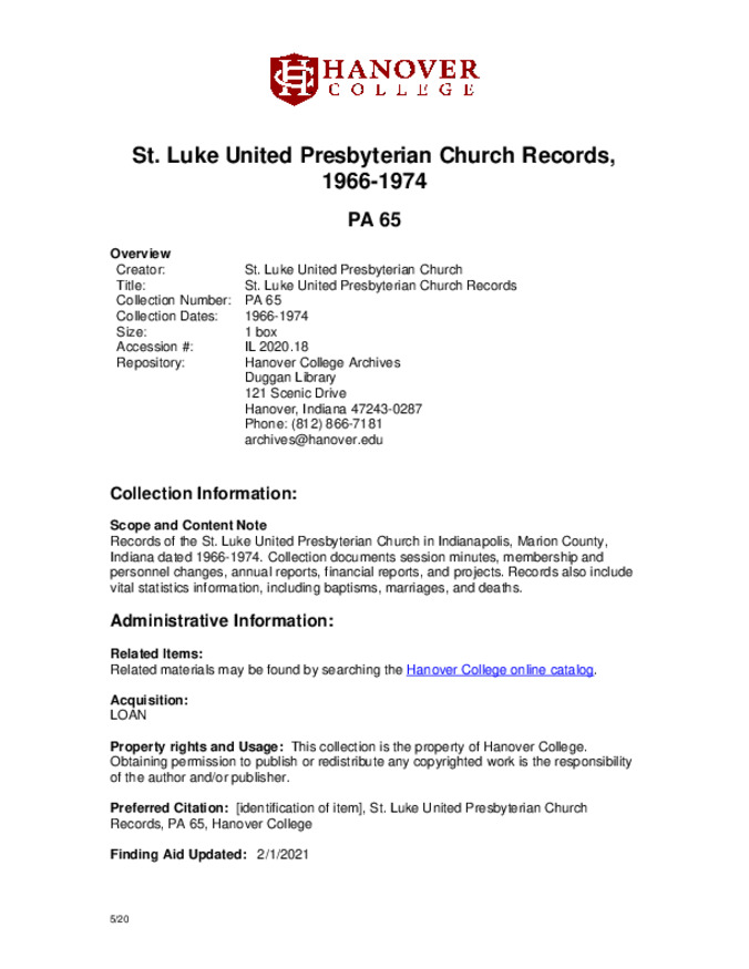 St. Luke United Presbyterian Church records, 1966-1974 - Finding Aid Miniature