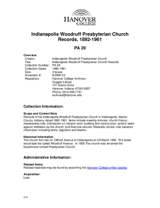 Indianapolis Woodruff Presbyterian Church Records, 1892-1961 - Finding Aid Miniature