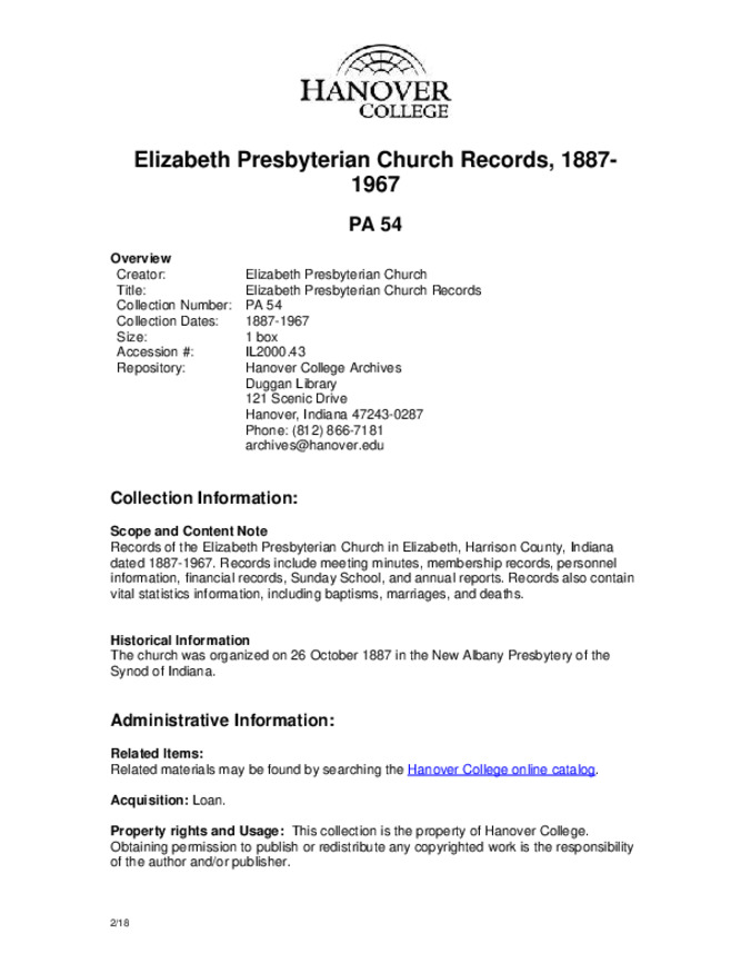 Elizabeth Presbyterian Church Records, 1887-1967 - Finding Aid 缩略图