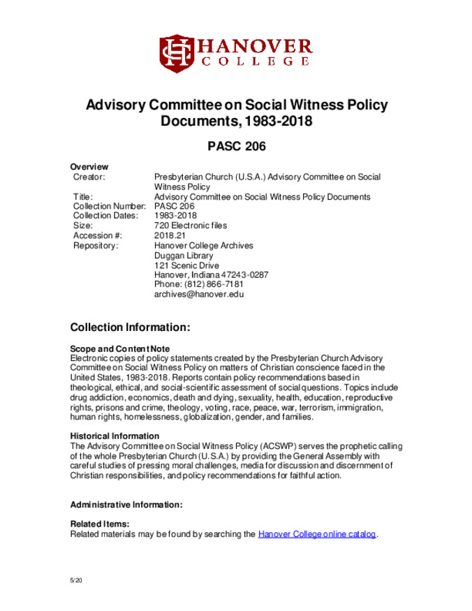 Advisory Committee on Social Witness Policy Documents, 1983-2018 - Finding Aid 缩略图