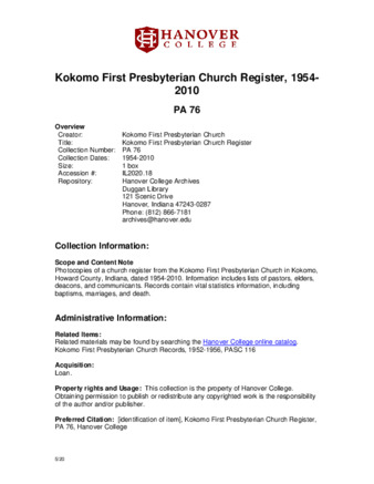 Kokomo First Presbyterian Church Register, 1954-2010 - Finding Aid Miniature