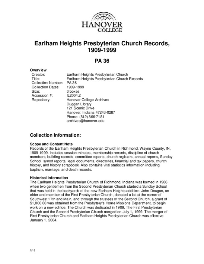 Earlham Heights Presbyterian Church Records, 1909-1999 - Finding Aid 缩略图