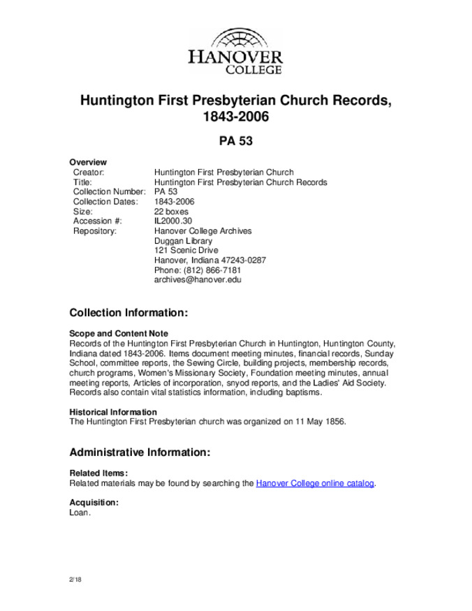 Huntington First Presbyterian Church Records, 1843-2006 - Finding Aid 缩略图