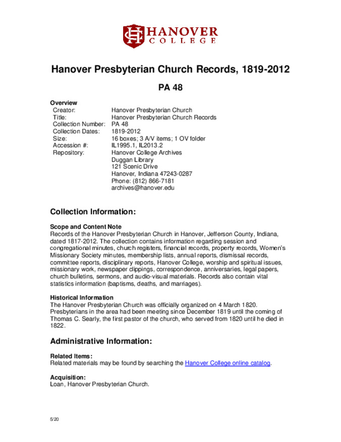 Hanover Presbyterian Church Records, 1819-2012 - Finding Aid Miniature